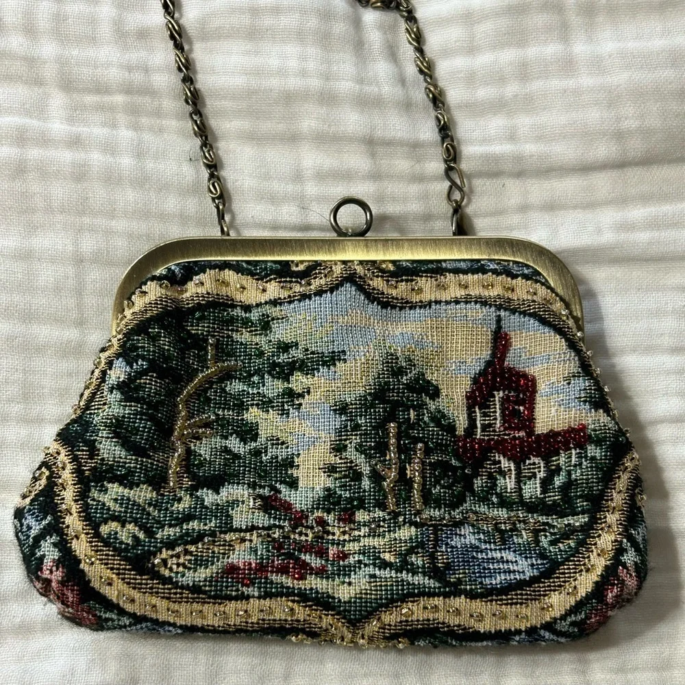 Carlo Fellini Vintage Tapestry Beaded Kiss Lock Purse Bag crossbody